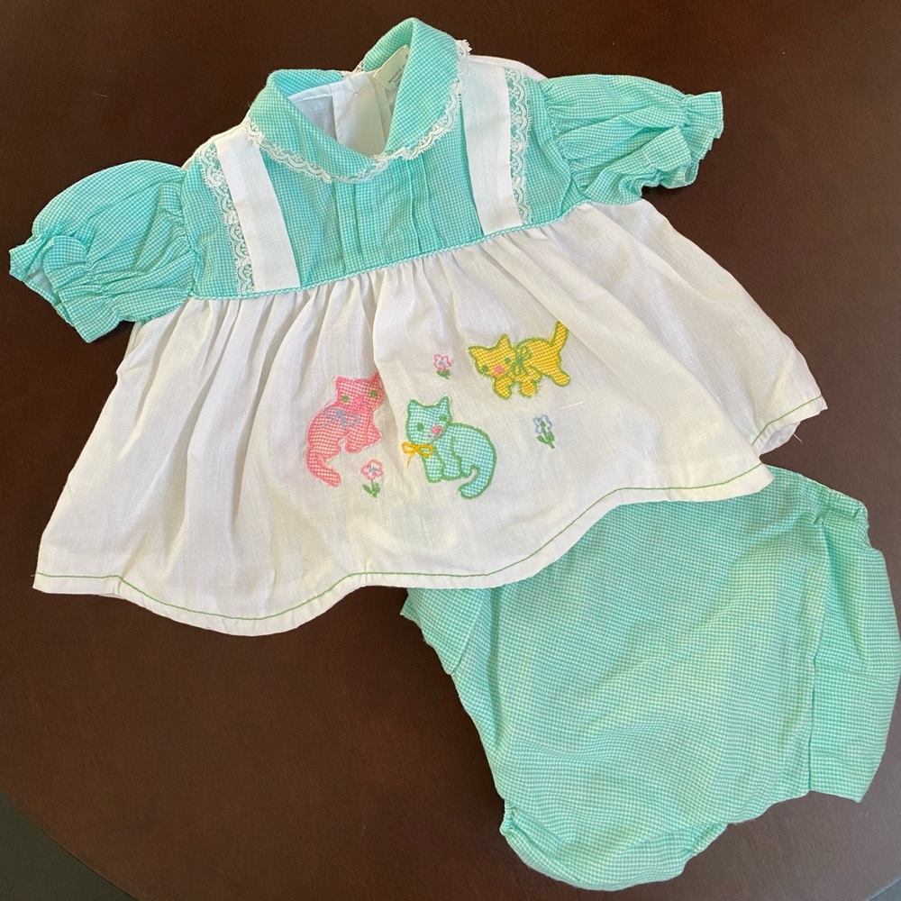 Sweet embroidered vintage top with bloomers embroidered cat design